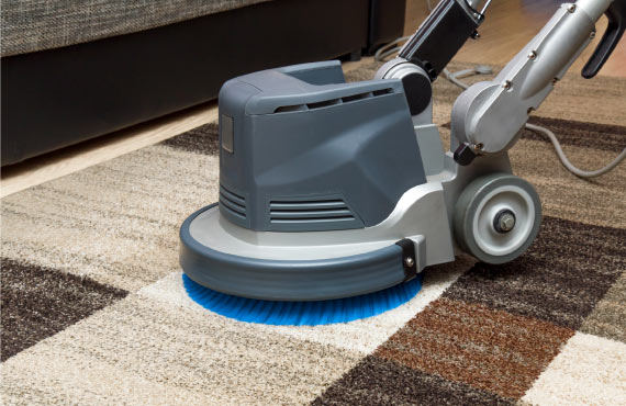 person cleaning low pile rug with carpet washer