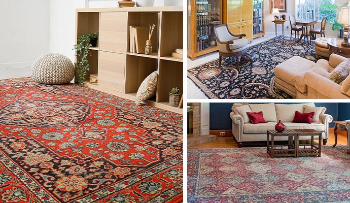 Three rooms featuring distinct oriental-style rugs