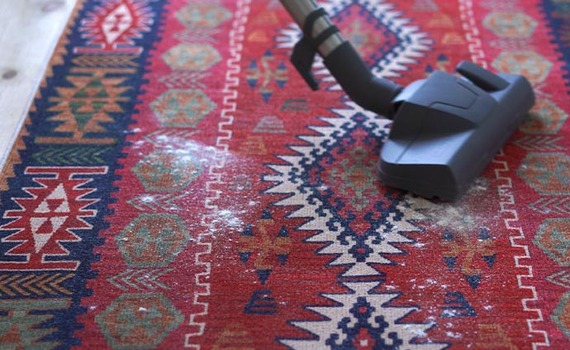 Professionals rug cleaning with vacuum cleaner