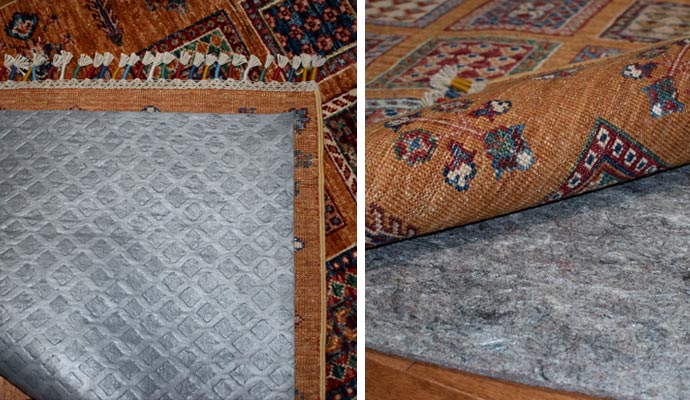 collage of rug pad underneath area rug