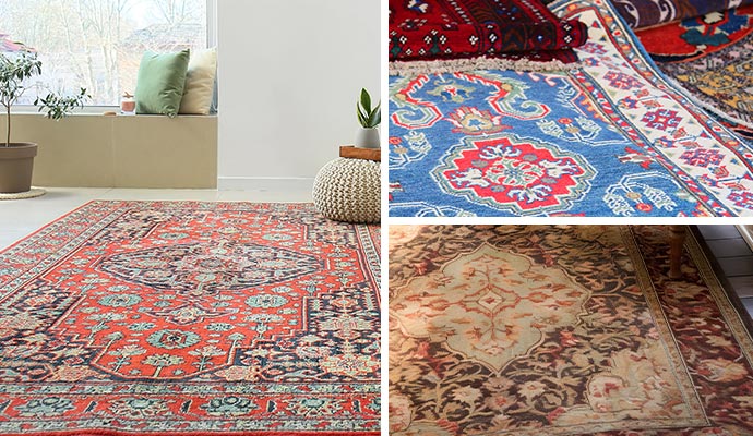 Collage of clean oriental rug, silk rug and turkish rug