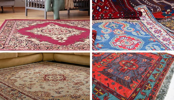 A collage of four images featuring oriental, persian, silk and turkish rug