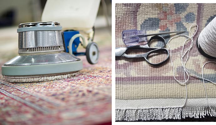 collage of rugs being cleaned and repaired 