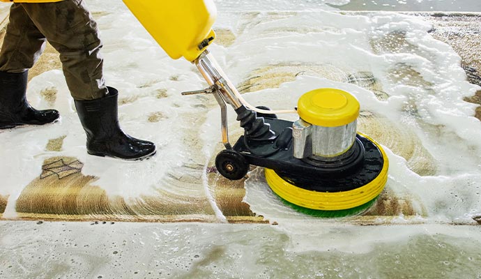 A person using a floor buffer to clean a large rug